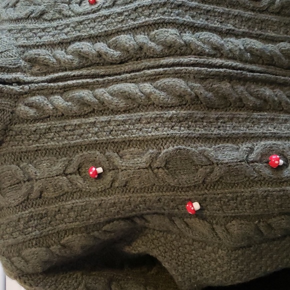 Red Capped Mushrooms on an Inis Crafts Irish Wool Sweater, Forest Green , Size L - Picture 2 of 7